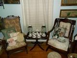 Antique Tea Table...Victorian Chairs...Tea Sets...Pillows...