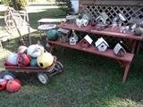 Antique Bird Houses...Vintage Child's Wagon...