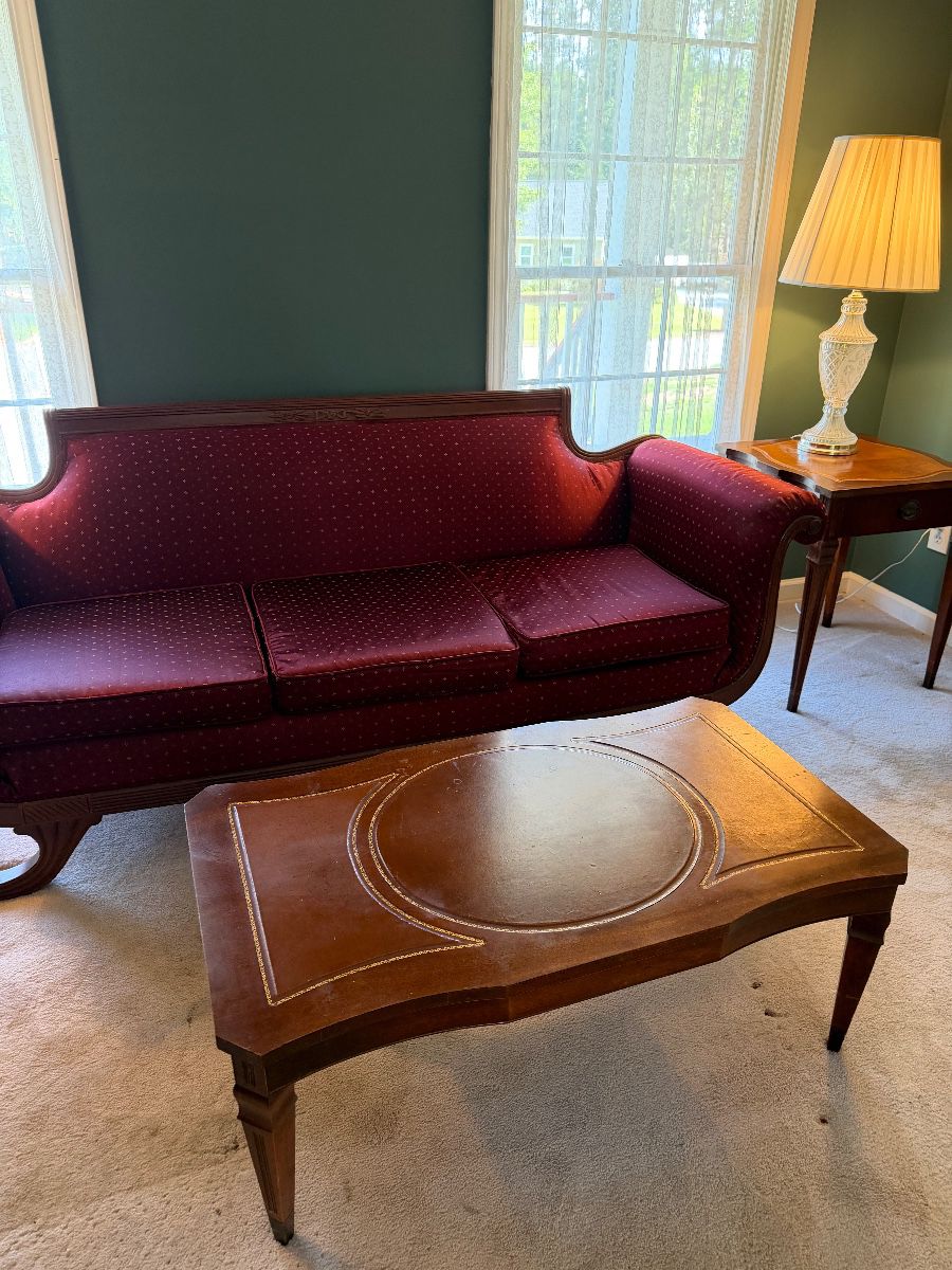 Antique sofa, Vintage Mahogany Leather coffee and end table
