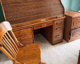 Roll-top desk, file cabinet and matching chair