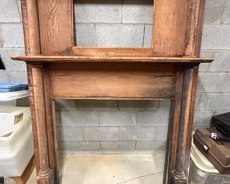 Antique Victorian Era Pine Fireplace Mantel with Overmantel Mirror Framentle.
