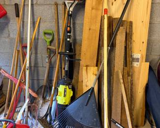 Miscellaneous Yard Tools, Stihl Trimmer/Mult-tool Attachment edger, blower, blade trimmer. Gas cans. Landscaping. Scrap wood.