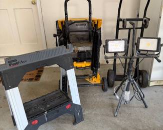 Saw horses, job site lights, hand trucks.