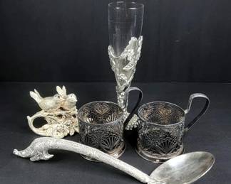 CS043 Pewter Champagne, Birds, Dragon Ladle, Filigree Mug Holders