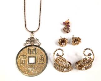CS058 Gold Tone and Gem Earrings, Asian Coin Necklace