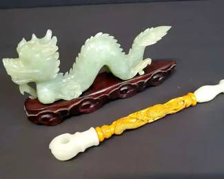 CS006 Jade Asian Dragon, Carved Wood and Jade Pipe