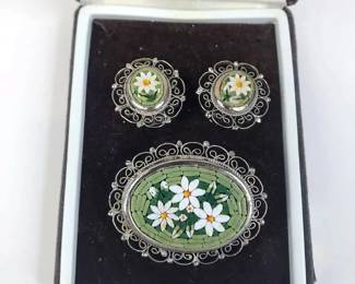 CT010 Italian Micro Mosaic Floral Brooch and Earrings Set