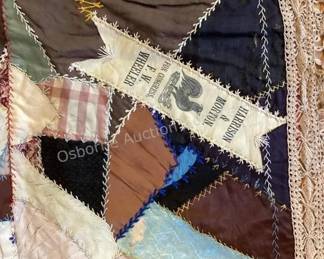 Cutter crazy quilt pieces with political ribbons