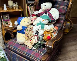 Stuffed animals, vintage plaid chair
