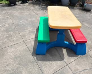 Kids picnic bench; potted outdoor plants