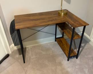 Industrial L-Shaped Computer Desk w/Storage Shelves Wood Finish Steel Black Frame & MCM Threshold/Project 62 Valencia Dome Brass Table Lamp 2-Way Touch Activated Sensor Base 