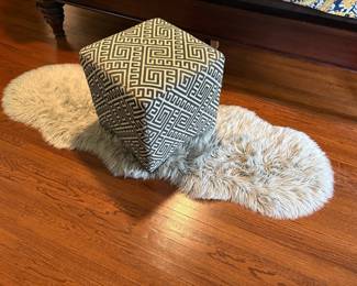 Greek Key Upholstered Cube Ottoman & Double-Pelt Faux Sheepskin Runner 2’x6’