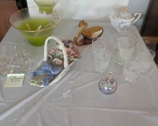 Chip and dip, atomic glasses, porcelain music box.