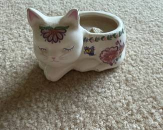 Vintage Ceramic Cat Planter with Floral Motif