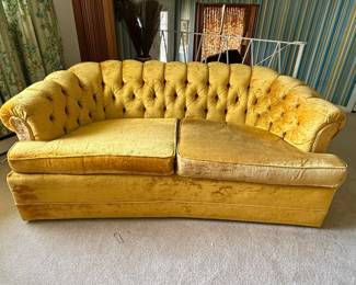Vintage Yellow Velvet Tufted Sofa - Hollywood Regency Style