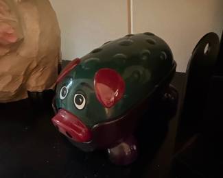 Vintage Green Piggy Bank with Red Accents