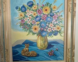 Anne T. Miller Floral Still Life Painting with Cat