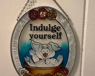Vintage Pig "Indulge Yourself" Stained Glass Suncatcher by Joan Baker Designs