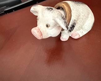 Vintage Ceramic Piggy Bank with Golden Collar