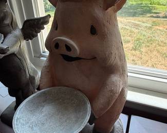 Whimsical Pig Statue with Hat and Bowl