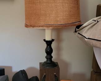 Rustic Table Lamp with Burlap Shade and Horseshoe Accent