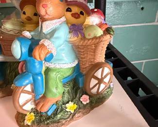 Vintage Easter Bunny and Chicks Figurine on Scooter