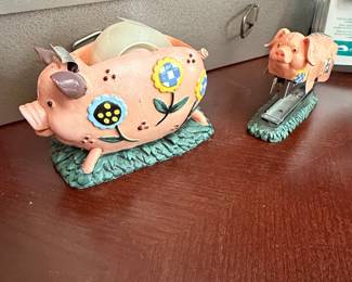Vintage Piggy Tape Dispenser and Stapler Set