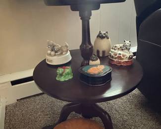 Vintage Cat Figurines and Dark Wood Pie Crust Side Table