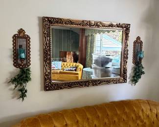 Vintage Ornate Gilt Mirror with Blue Glass Candle Sconces
