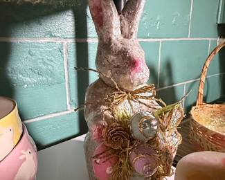 Vintage Glittered Easter Bunny Figurine with Eggs and Flowers