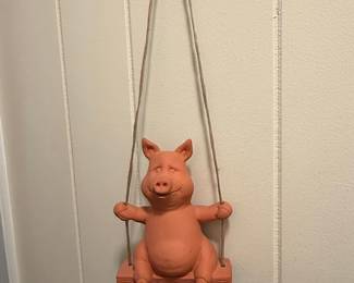 Terracotta Pig on a Swing Figurine - "Tom A. Pato" 1999