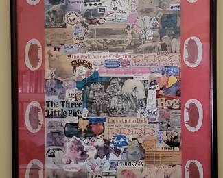 Framed Pig-Themed Collage Art