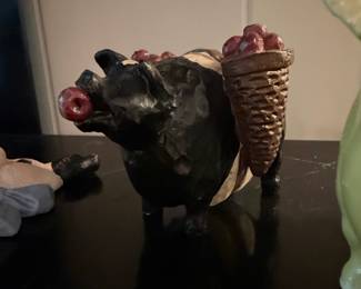 Vintage Ceramic Pig Figurine with Apple Basket