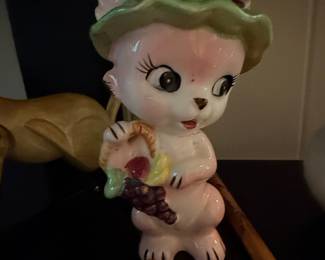 Vintage Ceramic Cat Figurine with Fruit Hat and Basket