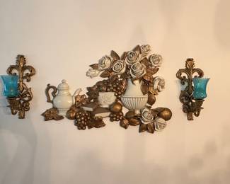Vintage HOMCO Floral and Fruit Wall Plaque with Sconces