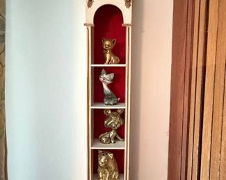 Vintage Cat Figurines Display Shelf with Grandfather Clock Design
