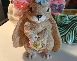 Vintage Ceramic Bunny Figurine with Floral Headdress and Basket