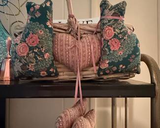 Vintage Floral Fabric Cat and Heart Ornaments