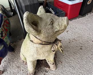 Vintage Concrete Pig Garden Statue with Scarf