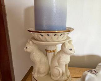 Vintage Ceramic Cat Candle Holder with Blue Ombre Candle