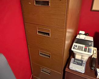 Vintage 4-Drawer Metal Filing Cabinet with Wood-Grain Laminate