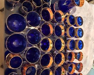 Bohemian Cobalt Blue Gilt Decorated Glassware Set