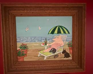 Whimsical Pig Beach Scene Painting by Diana