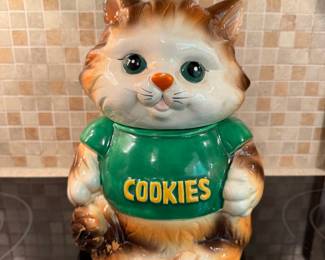Vintage Ceramic Tabby Cat Cookie Jar with Green "COOKIES" Shirt