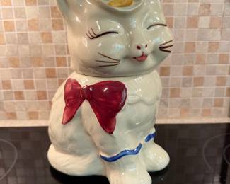 Vintage Ceramic Cat Cookie Jar with Hat and Bow