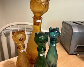 Vintage Glass Cat Decanters - Empoli and Replica