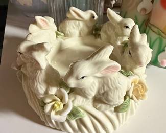 Vintage Ceramic Bunny Ring Candle Holder with Roses