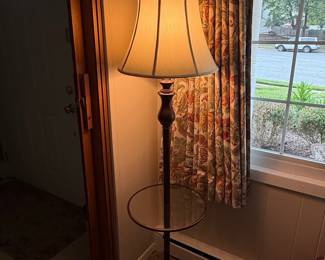 Dark Bronze Floor Lamp with Glass Shelf and Fabric Shade