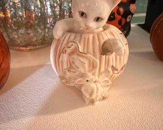 Vintage Lenox Ceramic Cat in Pumpkin Figurine