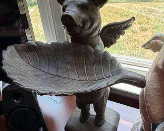 Cast Iron Winged Pig with Leaf Dish Statue